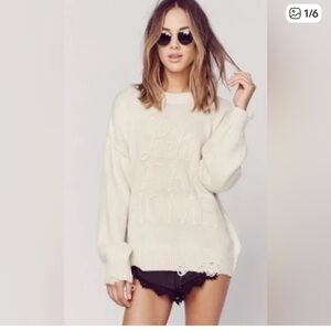 Wildfox Distressed Lets Stay Home Cozy Wool Alpaca Crew Sweater Small